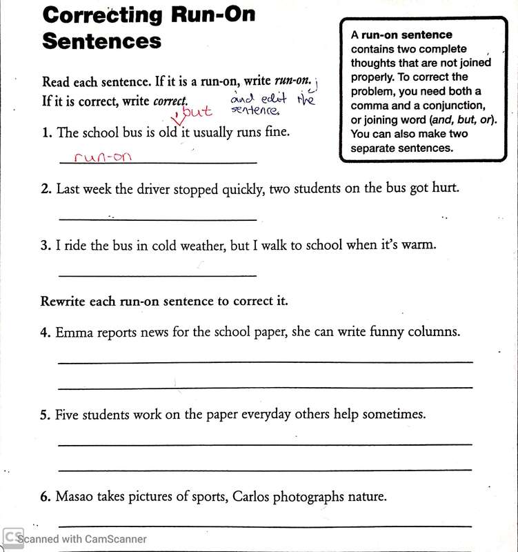 Correcting Run On Sentences Worksheets