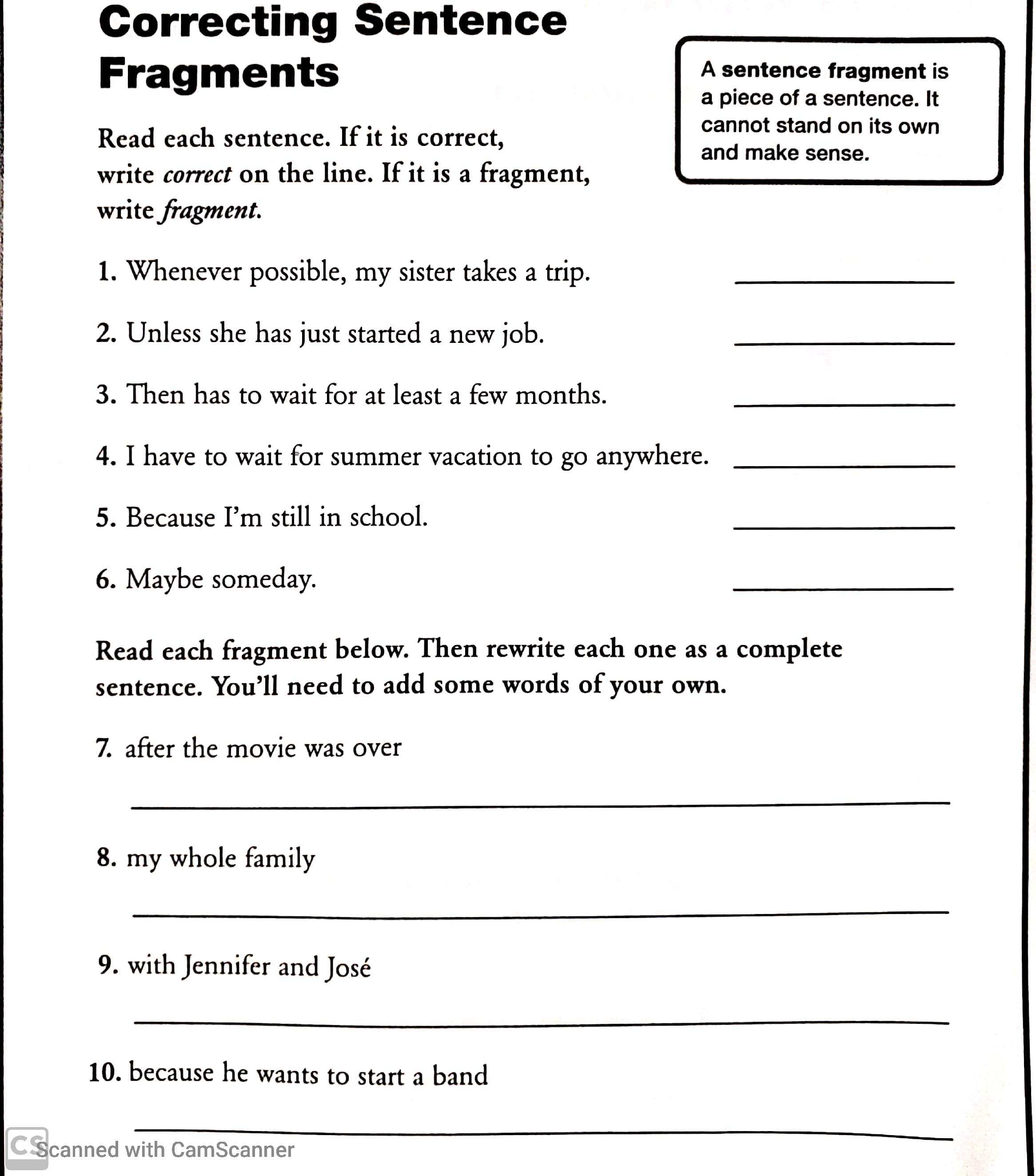 Correcting Sentence Fragments Worksheet